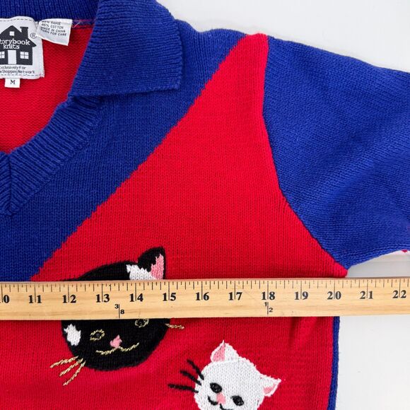 Vintage Storybook Knits Red and Blue Cat Embroidered Collared Sweater Sz Medium - Picture 7 of 8